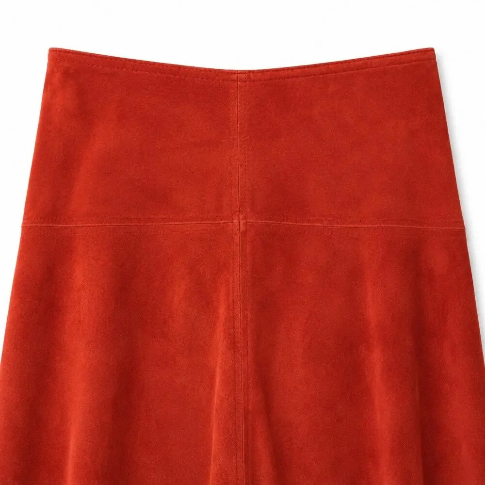 100% Suede Leather Skirt Orange Asymmetrical Midi
